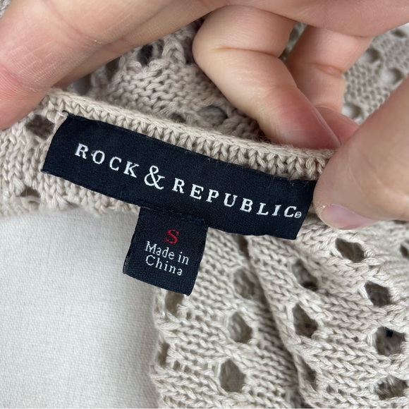 Rock & Republic Tan Brown Crochet Knit Short Sleeve Linen Blend Top Small Women - Picture 2 of 5